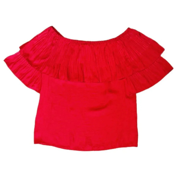 MAJE Locao Off the Shoulder Ruffle Top Size 1 Small Red Boho Satin Festival READ - Picture 4 of 15